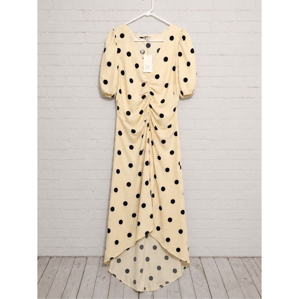 A New Day Polka Dot Maxi Dress Women’s Medium Ruched High Low Dress - Picture 2 of 3